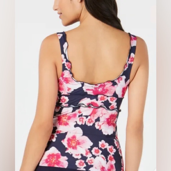 DKNY floral Print Pink Red White navy Scallop-Edge with mesh Tankini Top M EUC - Picture 2 of 16